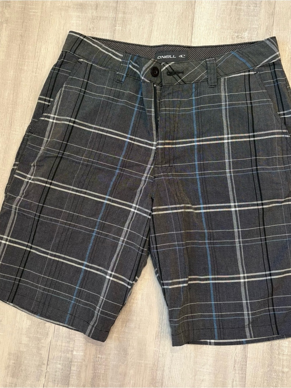O'Neill Men's Dark Gray Plaid Shorts with Blue & White Stripes